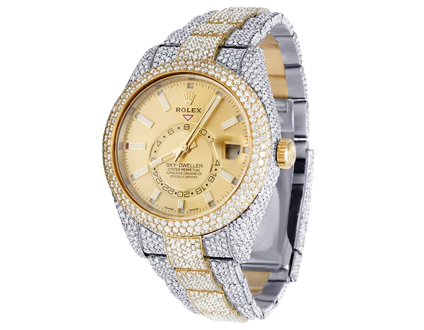 Rolex Sky Dweller Round VVS Diamond Men Watch, 42mm Dial Yellow & White Gold 2 Tone Plated Stainless Steel Men Watch For Gift, Fully Iced Out Birthday Gift Watch For Him