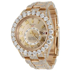 Rolex Sky Dweller Round VVS Diamond Men Watch, 42mm Dial Rose Gold Plated Stainless Steel Men Watch For Gift, Fully Iced Out Birthday Gift Watch For Him