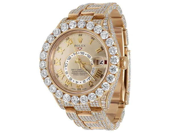 Rolex Sky Dweller Round VVS Diamond Men Watch, 42mm Dial Rose Gold Plated Stainless Steel Men Watch For Gift, Fully Iced Out Birthday Gift Watch For Him