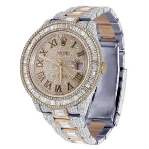 Rolex Datejust Baguette & Round VVS Diamond Men Watch, 40mm Dial Rose & White Gold 2 Tone Plated Stainless Steel Men Watch For Gift, Fully Iced Out Roman Birthday Gift Watch For Him