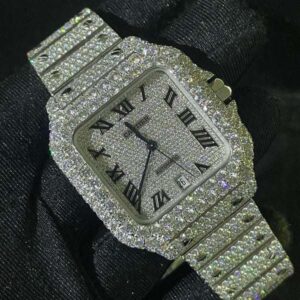 Cartier Santos VVS Diamond Men Watch, Stainless Steel White Gold Plated Roman Men Watch For Birthday Gift