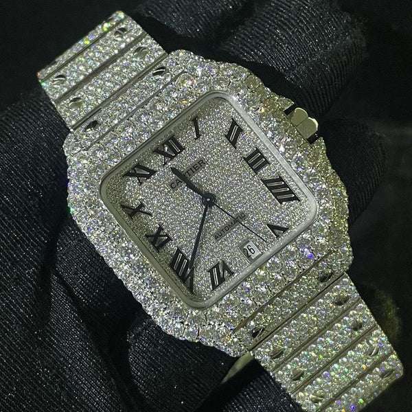 Cartier Santos VVS Diamond Men Watch, Stainless Steel White Gold Plated Roman Men Watch For Birthday Gift