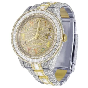 Rolex Datejust Baguette & Round VVS Diamond Men Watch, 40mm Dial Yellow & White Gold 2 Tone Plated Stainless Steel Men Watch For Gift, Fully Iced Out Arabic Birthday Gift Watch For Him