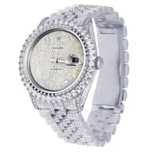 Rolex Datejust Jubilee VVS Diamond Men Watch, 40mm White Gold Plated Stainless Steel Men Watch For Gift, Fully Iced Out Arabic Birthday Gift Watch For Him