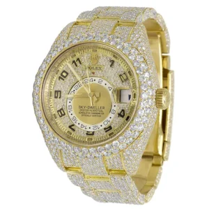 Rolex Sky Dweller Round VVS Diamond Men Watch, 42mm Dial Yellow Gold Plated Stainless Steel Men Watch For Gift, Fully Iced Out Birthday Gift Watch For Him