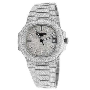 Patek Philippe Nautilus Round Moissanite Diamond Men Automatic Watch, White Gold Plated Men Watch For Birthday Gift