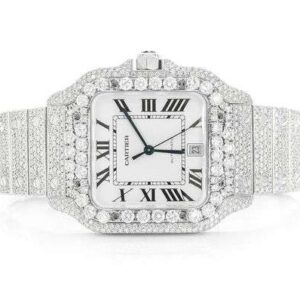 Cartier Santos VVS Diamond Men Watch, Stainless Steel White Gold Plated Men Watch For Birthday Gift