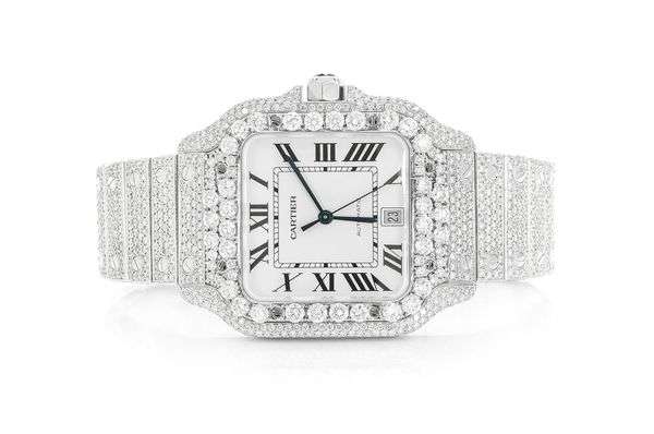 Cartier Santos VVS Diamond Men Watch, Stainless Steel White Gold Plated Men Watch For Birthday Gift