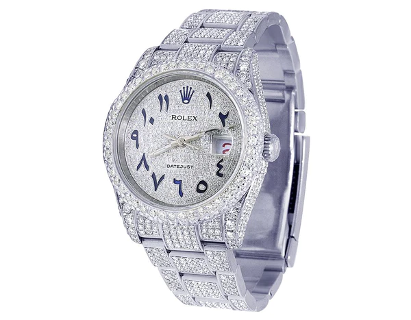 Rolex Datejust Jubilee VVS Diamond Men Watch, White 36mm Dial White Gold Plated Stainless Steel Men Watch For Gift, Fully Iced Out Arabic Birthday Gift Watch For Him