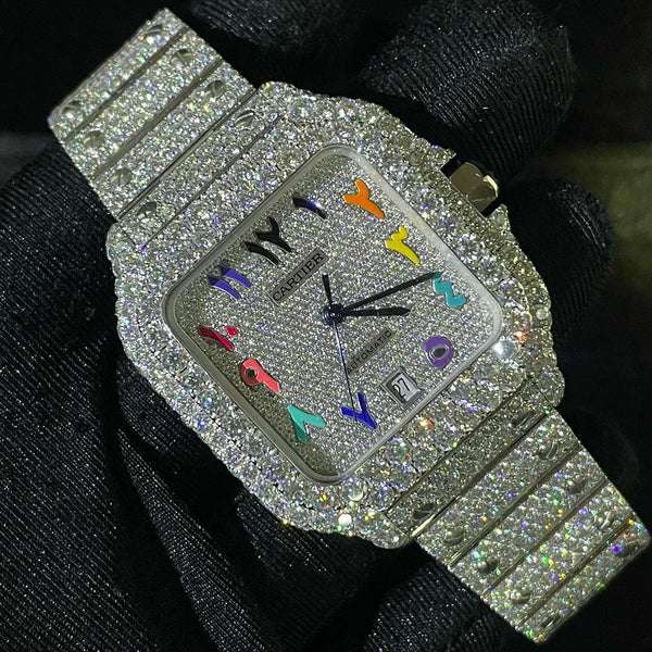 Cartier Santos VVS Diamond Men Watch, Stainless Steel White Gold Plated Arabic Men Watch For Birthday Gift