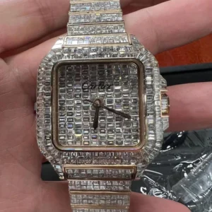 Cartier Santos Baguette VVS Diamond Men Watch, Stainless Steel Rose Gold Plated Men Watch For Birthday Gift