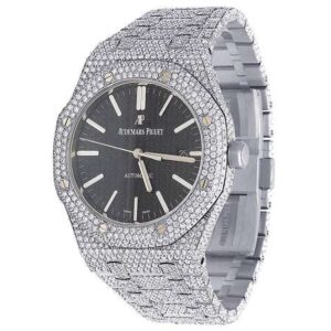 Audemars Piguet Full Iced Out VVS Diamond Men Watch, Stainless Steel White Gold Black Face 42mm Men Watch