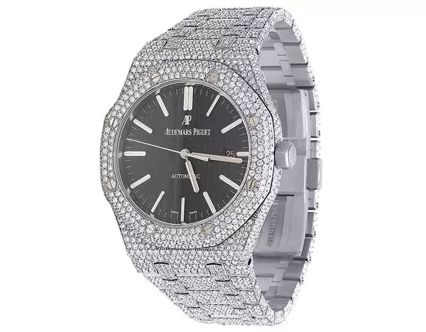 Audemars Piguet Full Iced Out VVS Moissanite Diamond Men Watch, Stainless Steel White Gold Black Face 42mm Men Watch
