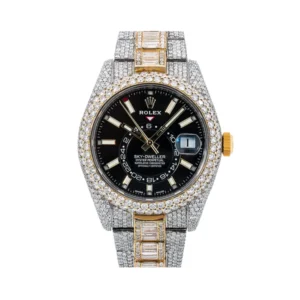 Rolex Sky-Dweller Round & Baguette VVS Diamond Iced Out Men Watch, 41mm Dial Yellow & White Gold Plated Stainless Steel Men Watch For Gift, Fully Iced Out Birthday Gift Watch For Him