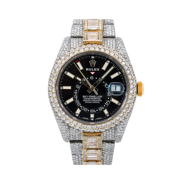 Rolex Sky-Dweller Round & Baguette VVS Diamond Iced Out Men Watch, 41mm Dial Yellow & White Gold Plated Stainless Steel Men Watch For Gift, Fully Iced Out Birthday Gift Watch For Him
