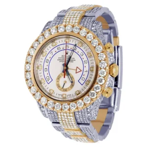 Rolex Yatch Master Round VVS Diamond Iced Out Men Watch, White 42mm Dial Yellow & White Gold 2 Tone Plated Stainless Steel Men Watch For Gift, Fully Iced Out Birthday Gift Watch For Him