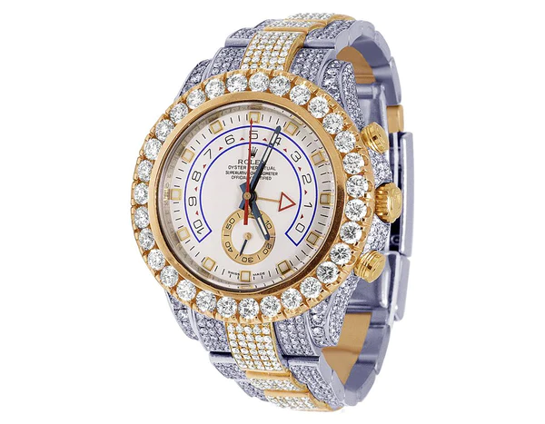 Rolex Yatch Master Round VVS Diamond Iced Out Men Watch, White 42mm Dial Yellow & White Gold 2 Tone Plated Stainless Steel Men Watch For Gift, Fully Iced Out Birthday Gift Watch For Him