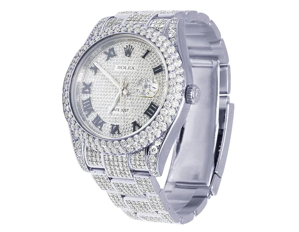 Rolex Datejust VVS Diamond Men Watch, Black 40mm Dial White Gold Plated Stainless Steel Men Watch For Gift, Fully Iced Out Birthday Gift Watch For Him