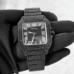 Cartier Santos Black VVS Diamond Men Watch, Stainless Steel Black Gold Plated Men Watch For Birthday Gift