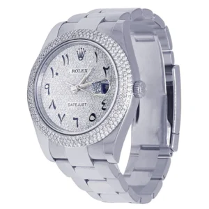 Rolex Datejust Round VVS Diamond Men Watch, White 40mm Dial White Gold Plated Stainless Steel Men Watch For Gift, Fully Iced Out Arabic Birthday Gift Watch For Him