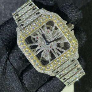 Cartier Skeleton VVS Diamond Men Watch, Stainless Steel White & Yellow Gold Plated Men Watch For Birthday Gift