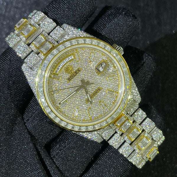 Rolex Daydate Full Iced Out VVS Diamond Watch, Baguette And Round VVS Diamond Wrist Watch For Men, White & Yellow Gold Plated Men Diamond Watch