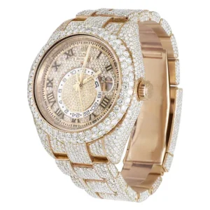 Rolex Sky Dweller Round VVS Diamond Men Watch, 42mm Dial Rose Gold Plated Stainless Steel Men Watch For Gift, Fully Iced Out Birthday Gift Watch For Him