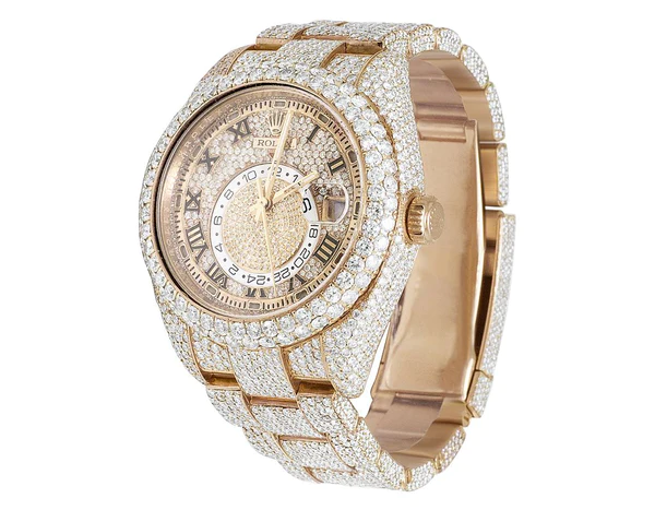 Rolex Sky Dweller Round VVS Diamond Men Watch, 42mm Dial Rose Gold Plated Stainless Steel Men Watch For Gift, Fully Iced Out Birthday Gift Watch For Him