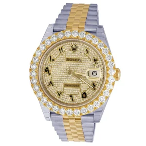 Rolex Jubilee Datejust Round VVS Diamond Men Watch, 40mm Dial Yellow & White Gold 2 Tone Plated Stainless Steel Men Watch For Gift, Fully Iced Out Arabic Birthday Gift Watch For Him