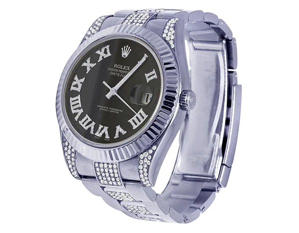 Rolex Datejust Round VVS Diamond Men Watch, Black 40mm Dial White Gold Plated Stainless Steel Men Watch For Gift, Fully Iced Out Birthday Gift Watch For Him