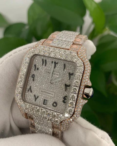 Cartier Santos VVS Diamond Iced Out Men Watch, Stainless Steel 2 Tone Gold Plated Men Watch For Birthday Gift