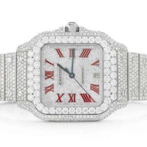 Cartier Santos VVS Diamond Men Watch, Stainless Steel White Gold Plated Men Watch For Birthday Gift