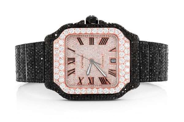 Cartier Santos Black And White VVS Diamond Men Watch, Stainless Steel Black & Rose Gold Plated Men Watch For Birthday Gift