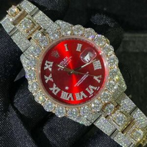 Rolex Datejust Oyester Band VVS Diamond Men Watch, Red 41mm Dial White & Rose Gold Plated Stainless Steel Men Watch For Gift, Fully Iced Out Birthday Gift Watch For Him