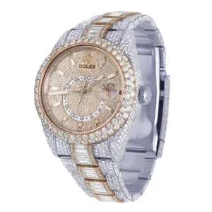 Rolex Sky Dweller Baguette & Round VVS Diamond Men Watch, 42mm Dial White & Rose Gold 2 Tone Plated Stainless Steel Men Watch For Gift, Fully Iced Out Birthday Gift Watch For Him