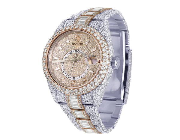 Rolex Sky Dweller Baguette & Round VVS Diamond Men Watch, 42mm Dial White & Rose Gold 2 Tone Plated Stainless Steel Men Watch For Gift, Fully Iced Out Birthday Gift Watch For Him