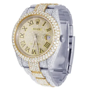 Rolex Datejust Round VVS Diamond Men Watch, 40mm Dial Yellow & White Gold 2 Tone Plated Stainless Steel Men Watch For Gift, Fully Iced Out Roman Birthday Gift Watch For Him