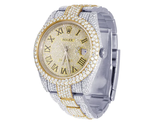 Rolex Datejust Round VVS Diamond Men Watch, 40mm Dial Yellow & White Gold 2 Tone Plated Stainless Steel Men Watch For Gift, Fully Iced Out Roman Birthday Gift Watch For Him