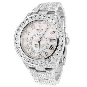 Rolex Sky Dweller Round VVS Diamond Men Watch, White 42mm Dial White Gold Plated Stainless Steel Men Watch For Gift, Fully Iced Out Birthday Gift Watch For Him