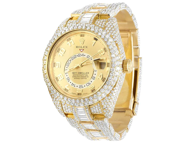 Rolex Sky Dweller Baguette & Round VVS Diamond Men Watch, 42mm Dial Yellow & White Gold 2 Tone Plated Stainless Steel Men Watch For Gift, Fully Iced Out Birthday Gift Watch For Him