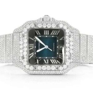 Cartier Santos VVS Diamond Men Watch, Stainless Steel White Gold Plated Men Watch For Birthday Gift