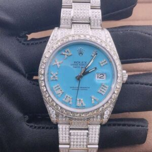 Rolex Datejust Turquoise VVS Diamond Iced Out Men Watch, 41mm Dial White Gold Plated Stainless Steel Men Watch For Gift, Fully Iced Out Birthday Gift Watch For Him