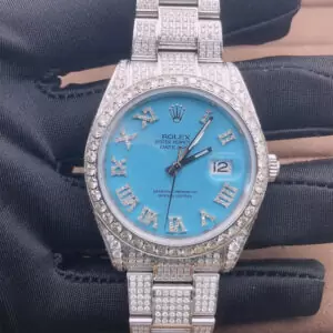 1_b22a18e0-3edd-4678-80b5-4a21a0911820_600x600 Rolex Datejust Turquoise VVS Moissanite Diamond Iced Out Men Watch, 41mm Dial White Gold Plated Stainless Steel Men Watch For Gift, Fully Iced Out Birthday Gift Watch For Him