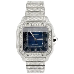 Cartier Santos VVS Diamond Men Watch, Stainless Steel White Gold Plated Men Watch For Birthday Gift