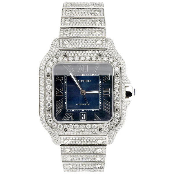 Cartier Santos VVS Diamond Men Watch, Stainless Steel White Gold Plated Men Watch For Birthday Gift