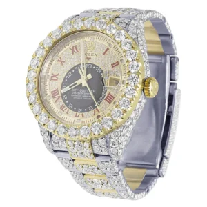 Rolex Sky Dweller Round VVS Diamond Men Watch, 42mm Dial Yellow & White Gold 2 Tone Plated Stainless Steel Men Watch For Gift, Fully Iced Out Birthday Gift Watch For Him