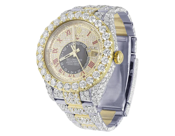 Rolex Sky Dweller Round VVS Diamond Men Watch, 42mm Dial Yellow & White Gold 2 Tone Plated Stainless Steel Men Watch For Gift, Fully Iced Out Birthday Gift Watch For Him