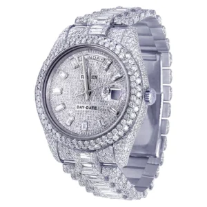 Rolex Datejust Round & Baguette VVS Diamond Men Watch, White 38mm Dial White Gold Plated Stainless Steel Men Watch For Gift, Fully Iced Out Birthday Gift Watch For Him