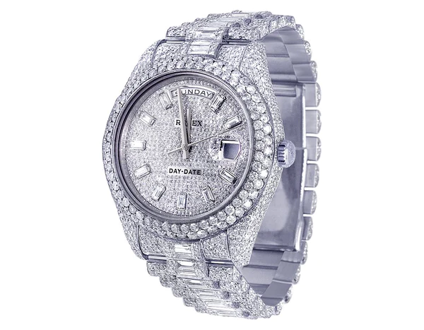 Rolex Datejust Round & Baguette VVS Diamond Men Watch, White 38mm Dial White Gold Plated Stainless Steel Men Watch For Gift, Fully Iced Out Birthday Gift Watch For Him