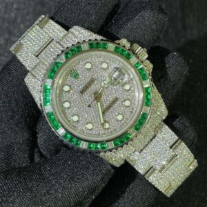 Rolex GMT Master Baguette And Round VVS Diamond Watch, Self Winding Full Iced Out Men Wrist Watch, Stainless Steel Full Ice Out Watch